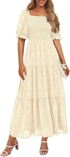 Women’s 2025 Summer Casual Midi Dresses Square Neck Short Sleeve Smocked A Line Floral Flowy Elegant Boho Dress Beige Large