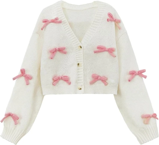Girl’s Bow Button Down Knitted Cardigan V Neck Loose Cute Crop Sweater Outwear 10 Years White