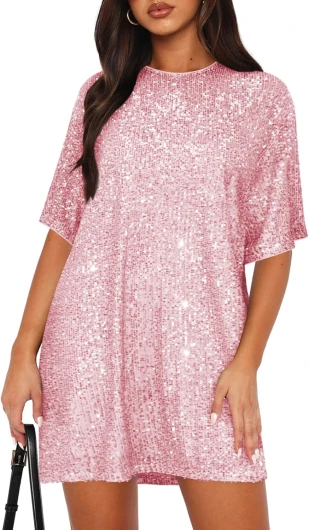 Women’s Crew Neck Sequin Dress for Women Sexy V Neck Shirt Dress Sparkly Half Sleeve Loose Party Club Cocktail Dress Pink Small
