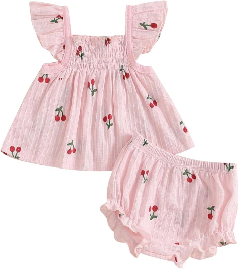 Baby Girl Summer Clothes Cute Ruffle Tops Dress Shorts Outfits Set Infant Toddler Shrit Bloomers Princess Outfit Pink 6-12 Months