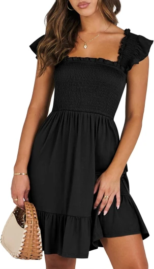 Women’s Summer Casual Sleeveless Square Neck Dress 2025 Smocked Ruffle Backless Boho Beach Cute Teen Short Sundress Small Black