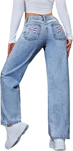 Women’s Bow Embroidered Mid Rise Baggy Jeans Y2k Straight Leg Denim Pants with Pockets XX-Small Light Wash