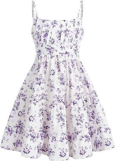 Girl’s Floral Print Sleeveless Ruched Ruffle Hem A Line Cami Short Dress 12 Years Lilac Purple