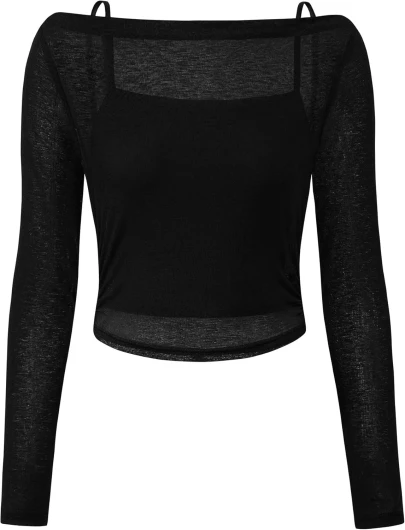 Women’s Long Sleeve Sheer Crop Tops Boat Neck See Through Cover Up with Spaghetti Strap Camisole 2 Piece Blouses