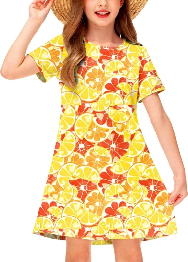 Girl Hawaiian Dresses Short Sleeve Summer Tropical Tshirt Dress 5-14 Years 13-14 Years Orange