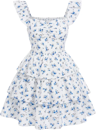 Girl’s Floral Summer Dress Ruffle Shirred High Waist Ruched Sweetheart A Line Spring Dress 12 Years Blue and White
