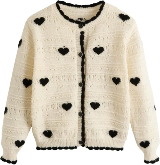 Girl’s Heart Pattern Button Down Sweater Cute Round Neck Fall Drop Shoulder Cardigan 9 Years Multicoloured
