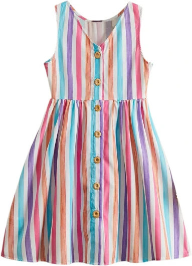 Girl’s Colorful Striped Tank Dress Sleeveless V Neck Button Front Flared Short Dresses 9 Years Pink Blue