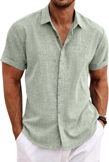 Men’s Linen Shirts Short Sleeve Casual Shirts Button Down Shirt for Men Beach Summer Wedding Shirt Large Light Green
