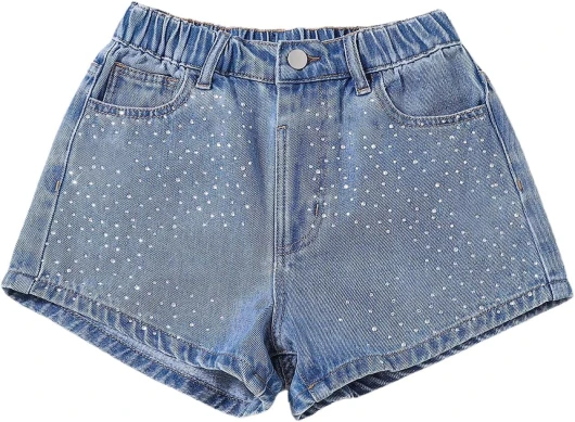 Girl’s Rhinestone Denim Shorts Elastic High Waist Y2k Jean Shorts with Pocket 11 Years Medium Wash