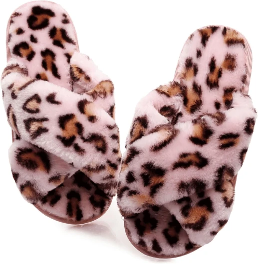 Women’s Fuzzy Fluffy House Slippers Cute Plush Memory Foam Shoes Cross Band Indoor Outdoor Open Toe Sandals 7-8 Leopard Pink