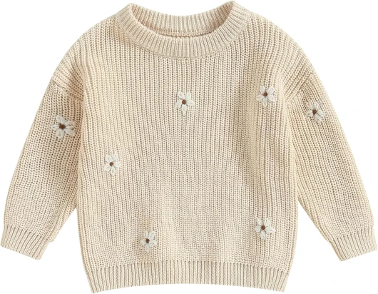 Baby Girl Winter Clothes Cute Flower Sweater Crewneck Pullover Long Sleeve Knit Newborn Infant Sweaters 12-18 Months Beige