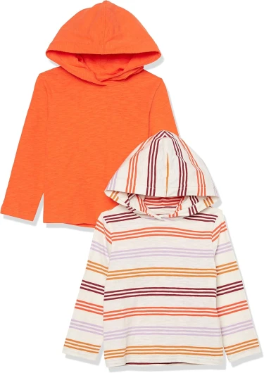 Boys and Toddlers’ Lightweight Long-Sleeve Hooded T-Shirt, Pack of 2 X-Large Beige Stripe/Orange