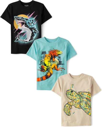 The Children’s Place Boys’ Gamer Short Sleeve Graphic T-Shirts,multipacks Large Shark/Iguana/Turtle