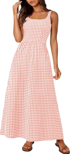 Women’s 2025 Summer Spaghetti Strap Maxi Dresses Plaid Square Neck A Line Casual Beach Vacation Long Sundress