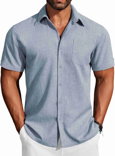 Men’s Button Down Shirts Short Sleeve Casual Shirts Summer Beach Linen Shirts with Pocket Light Denim Blue Large