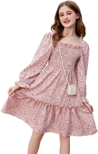 Girls Floral Print Square Neck Long Sleeve Ruffle Hem A Line Midi Dress