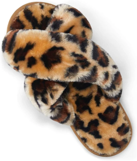 Women’s 801 Cross Band Slippers, Soft Plush Furry Open Toe Fur Slides, Fuzzy Fluffy Slip on House Shoes Indoor Outdoor Slippers 6-7 Cross Band-801-leopard