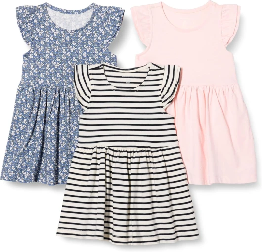 Girls and Toddlers’ Ruffle Jersey Dress, Pack of 3 X-Small Pale Pink/French Stripe/Floral
