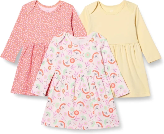 Toddlers and Baby Girls’ Cotton Long-Sleeve Dress, Pack of 3 18 Months Pale Yellow/Floral