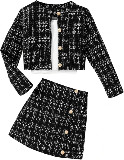 Girl’s 2 Piece Outfits Plaid Tweed Half Sleeve Jacket and Ruffle Mini Skirt Set 11Y Black Tweed