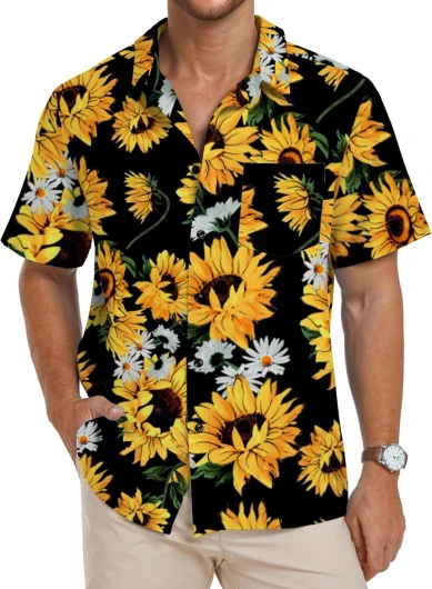 Men’s Flower Casual Button Down Short Sleeve Hawaiian Shirt X-Large A02 Daisy and Sunflower