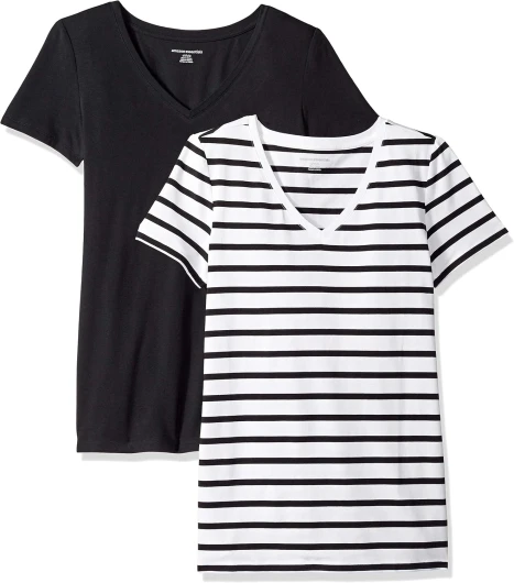 Women’s Classic-Fit Short-Sleeve V-Neck T-Shirt, Multipacks 2 Black/White Stripe XX-Large