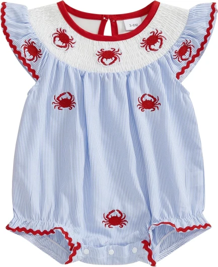 Newborn Baby Girl Smocked Outfits Striped Crab Embroidery Flying Sleeve Bubble Romper Infant Summer Bodysuit 0-18M