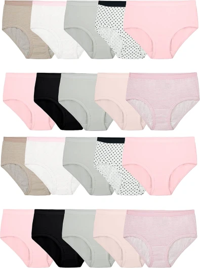 Girls’ Cotton Brief Underwear, Multipack Brief - 20 Pack - Black/Pink/Grey 14