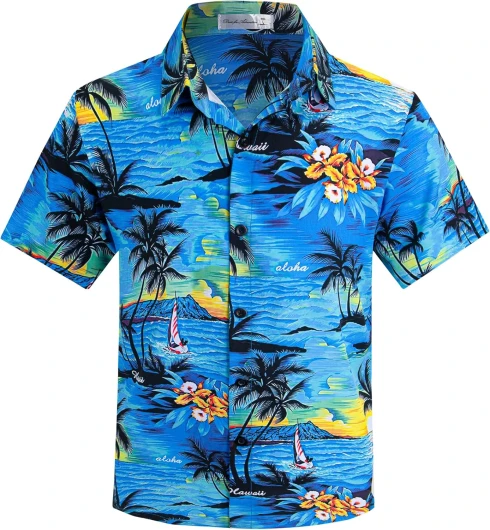 Boy’s Button Down Hawaiian Shirt Short Sleeve, Kids Summer Beach Hawaiian Shirts for Boys for 7-14 Years 13-14 Years Blue Sea Island