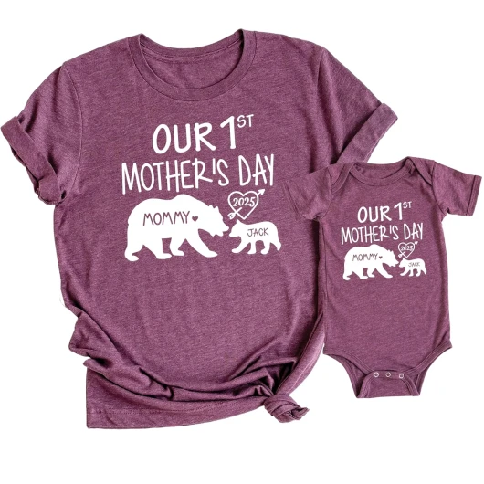 Our 1st Mother’s Day Shirt, Mommy and Me Shirts, Matching First Mother’s Day Outfits, Customizable with Names and Date, Baby Bodysuit and Mom Shirt Set, Mother’s Day Gift Idea, Pack of 2