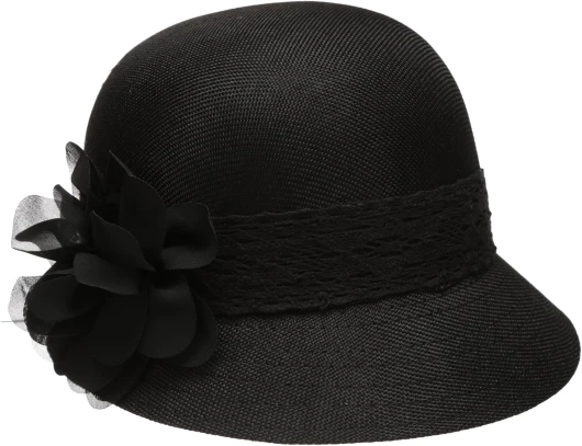 Women’s Gatsby Linen Cloche Hat with Lace Band and Flower One Size Black