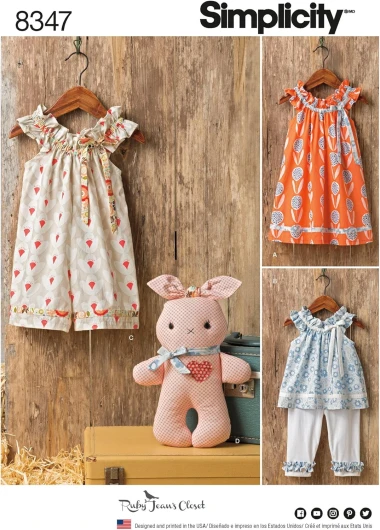 US8347A Toddler’s Dress, Knit Capris, and Stuffed Animal Sewing Patterns, Sizes 1/2-4