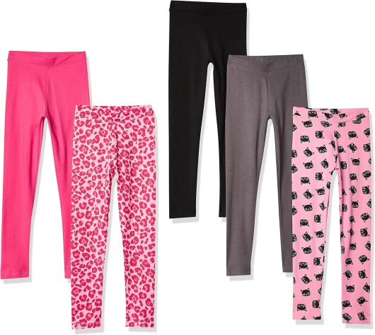 Girls and Toddlers’ Leggings, Multipacks 5 Animal Print/Black/Cat/Dark Grey/Pink 4T
